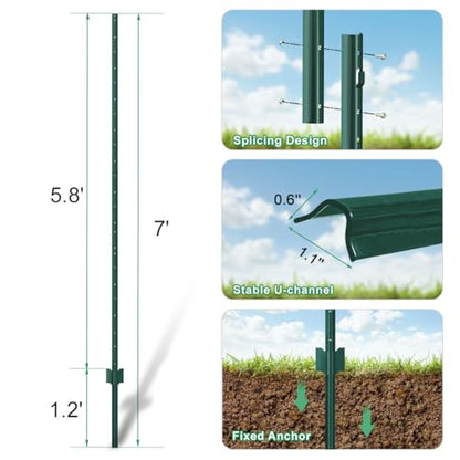 Green Metal Fence Post, Splicing 7 feet, T Post for Garden Fence, 8-Pack - color: Green, size: 7 FT- 8PACK-GREEN SPLICING