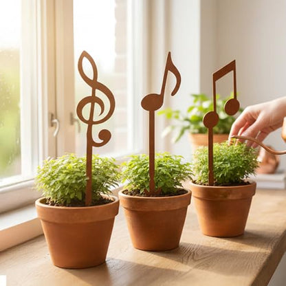 Metal Garden Decor Music Note Plant Stake Set for Flower Pots, Steel
