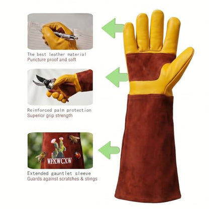 Cow Leather Adjustable Thorn Proof Gardening Gloves - color: Brown-cactus, size: Medium