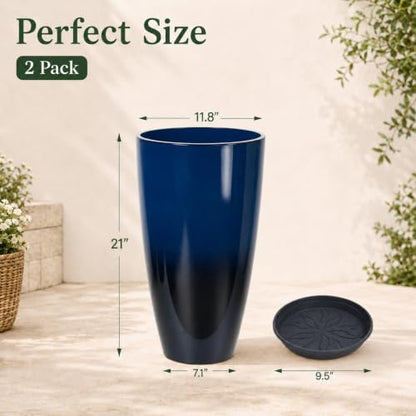 Neoaider Set of 2 Tall Planter, 21 inch Large Plastic Planter, Dark Blue - color: Dark Blue