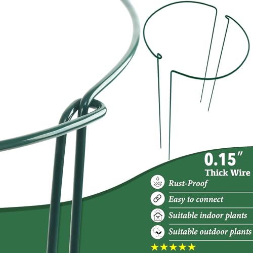 24 Inch Peony Cages and Supports for Large Hydrangea Bushes, Outdoor Plants, Heavy Duty Tall Plant Support Stakes, 12 Pack - Tool-Free Interlocking Design with Powder Coated Rust-Proof Metal Ring