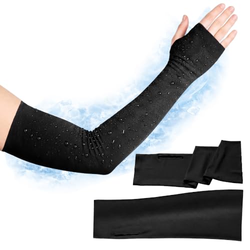 Arm Sleeves for Men Women PCM Cooling UPF 50+ Sun Protection UV Sleeves Thumb Holes Running Driving Fishing Golf - color: Black, size: Medium