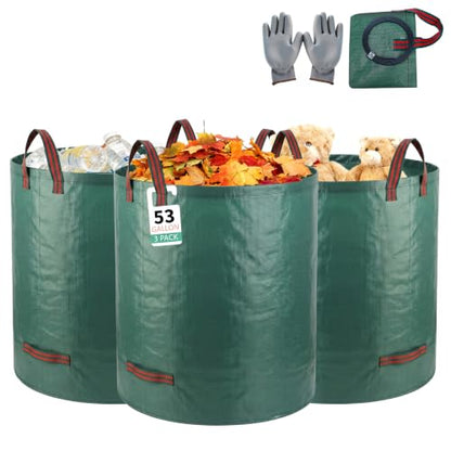 3 Pack 53Gal Tear-Resistant Reusable Yard Waste Bags with Gloves
