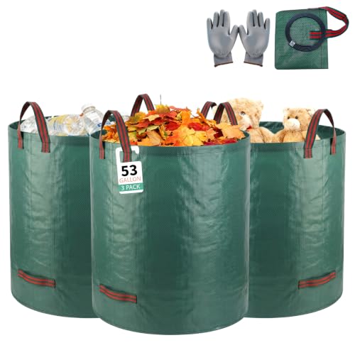 3 Pack 53Gal Tear-Resistant Reusable Yard Waste Bags with Gloves