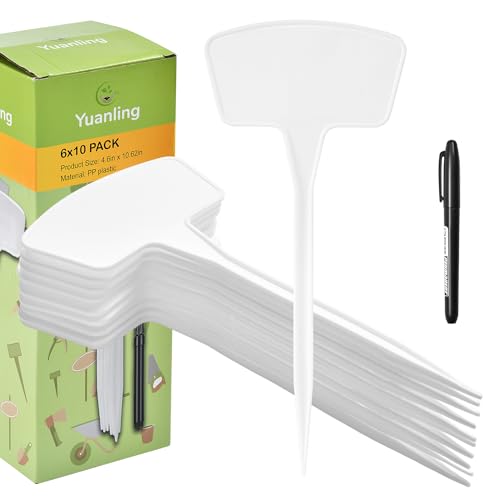 Plant Labels 60 Pcs Yuanling Plant Markers Large Plastic Plant Tags T-Type Waterproof Garden Labels for Outdoor Indoor Potted Plants Flowers Seeds Herbs Belt Garden Marker Pen (White) - color: White