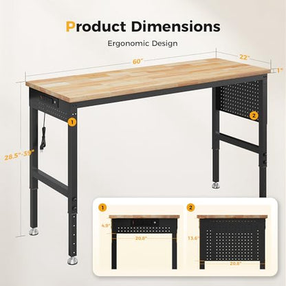 CAMMOO 60" Adjustable Workbench, 2000LBS Max Load, Pegboard & Power Strip - size: 60*22 Inch