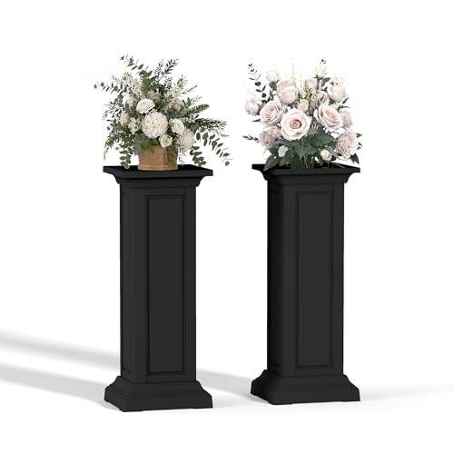 PatioZen 36in Tall Resin Planter Set of 2,Large Outdoor Planter for Porch, Garden, and Balcony, Weight-Bearing Top, Weather-Resistant, Classic Estate Design for Flowers and Trees(Black) - color: Black