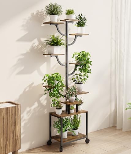 Plant Stand Indoor with Grow Lights - 9-Tier Plant Stand with Wheels, Tall Metal and Wood Indoor Plant Shelf with Tree Design, Rolling Flower Pot Holder Rack with Waterproof Finish, Adjustable Display Stand for Home Garden, Patio, 62" Tall - size: 62 in