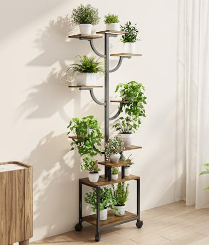 Plant Stand Indoor with Grow Lights - 9-Tier Plant Stand with Wheels, Tall Metal and Wood Indoor Plant Shelf with Tree Design, Rolling Flower Pot Holder Rack with Waterproof Finish, Adjustable Display Stand for Home Garden, Patio, 62" Tall - size: 62 in