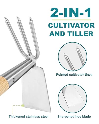 14 Inch Double‑Sided Garden Hoe & Cultivator, Hand Tiller Rake