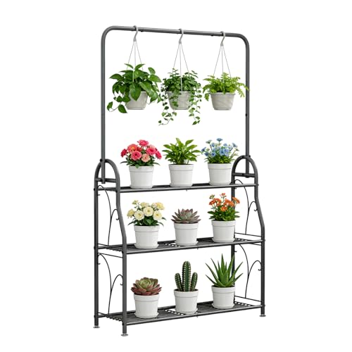 SORCEDAS Plant Stand Outdoor Indoor 3 Tier Metal with Hanging - size: 3 Tier With Hanging-Dark Grey