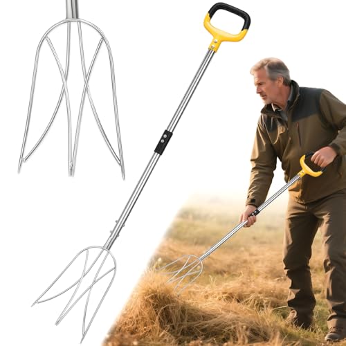 AugFir Pitchfork for Gardening, 48.5" Extendable Stainless Steel Garden Pitchfork with Handle, Suitable for Digging, Fertilizing, Transplanting, Multifunctional Garden Fork - 3 Tines