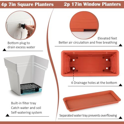 2-Pack 17" Window Box Planters & 4-Pack 7" Square Pots, 4p Square Planters with Built-in Drainage & Stopper, 2p Rectangular Flower Boxes, Heavy-duty Flower Pots BPA-Free for Indoor Outdoor Gardening