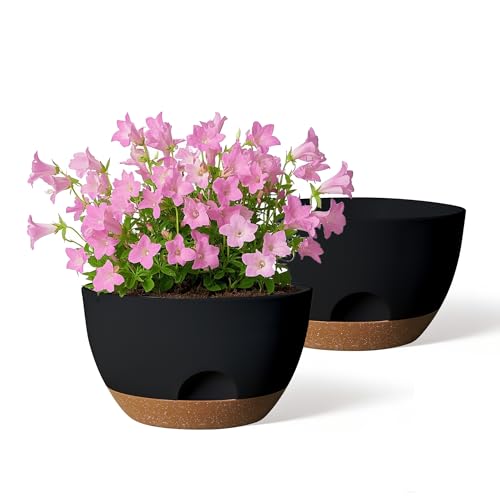 12 Inch Large Self Watering Pots, 2 Pack Plant Pots with Drainage Holes and Saucers, Self Watering Planter for Indoor Outdoor Garden Plants and Flowers (Black) - color: Black