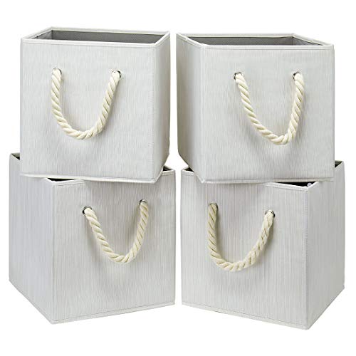 Foldable Storage Cube Bins Beige-White Bamboo Fabric Collapsible Resistant Basket Box Organizer with Cotton Rope Handle for Home Office and Nursery 10.5x10.5x11 inch