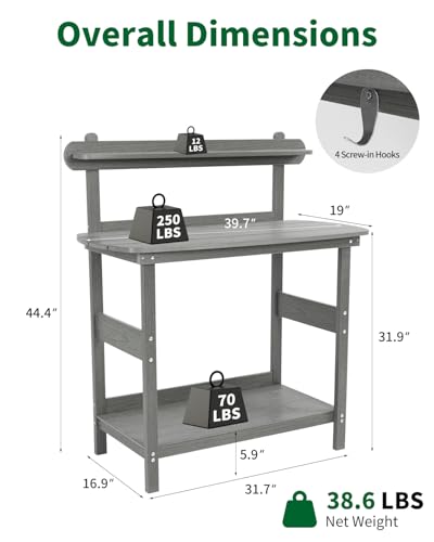 HIPS Outdoor Potting Table Bench with 3-Tier Storage Gray - color: Gray