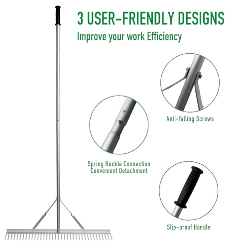 Landscape Rake 36" Head Aluminum Rake, 76" Long Handle, 37 Tines