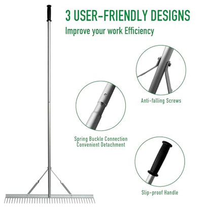 Landscape Rake 36" Head Aluminum Rake, 76" Long Handle, 37 Tines