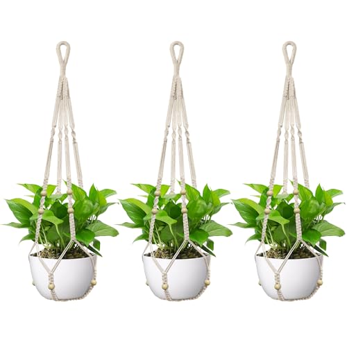 USLAI Macrame Plant Hanger, Fits 4 to 15 Inch Pots, 35 Inch, Ivory, 3 Pack - color: Ivory, size: 35+35+35 Inch