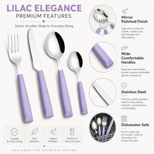 EXZACT 16 pcs Flatware Set Stainless Steel Wide Handles Serves 4 Lilac - color: Lilac x 16