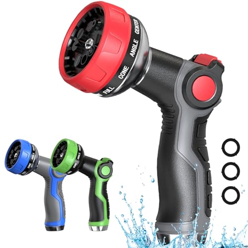 Hose Nozzle 10 Adjustable Patterns Garden Hose Nozzle Premium High Pressure Water Hose Nozzle with Thumb Control Design Hose Sprayer Nozzle for Garden & Lawns Watering, Cleaning, Pets & Car Washing - color: Red+Black