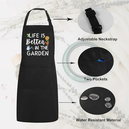 Gardening Apron for Women with Pockets, Adjustable Funny Garden Apron Gifts for Gardener Mom Wife Plant Lover - color: Black-life is Better in the Garden