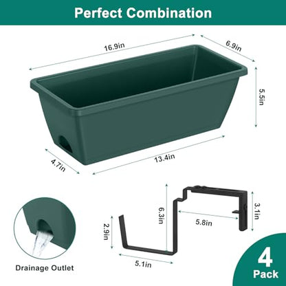 4 Pack Deck Railing Planter 17'' Balcony Fence Planters for Railing Hanging - color: Green+black Brackets