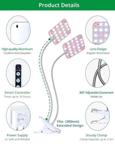 2-Head Clip Plant Light, Dimmable Grow Light with Timer