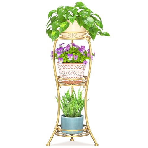 LASZOLA 3 Tiers Metal Corner Plant Flower Stand Tall Indoor Outdoor, Gold - color: Classic Gold, size: 3 Tier