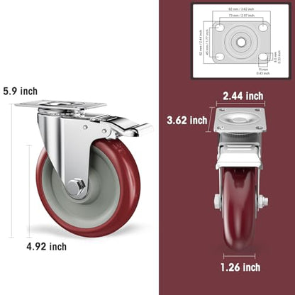 5" Heavy Duty Plate Casters with Brake, Set of 20 - color: Red, size: 5 inch