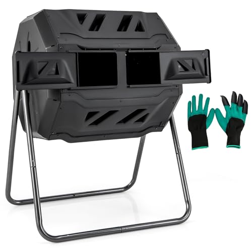 S AFSTAR Composter Tumbler Outdoor, 42-Gal Dual Chamber Tumbling Composter with 2 Sliding Doors, Metal Frame, BPA-Free Large Rotating Compost Bin Tumbler for Garden Yard Waste (Black) - color: Black