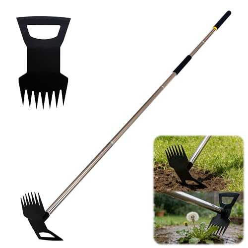 Weed Rake and Garden Hoe,7-Tine Manual Weeder Remover Tool,4-Section Adjustable 2 in 1 Hoe and Rake for Heavy-Duty Root Removal and Weed Clearing in Yards,Lawns,Patios,and Gardens