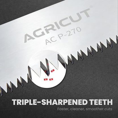 AGRICUT 420mm Hand Pruning Saw with Sheath: 0.85mm Thick High Carbon Steel Blade, Triple-Sharpened Teeth, Non-Slip Grip – Tree Saw & Camping Saw for Outdoor Garden Branch