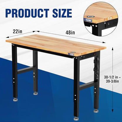 WORKPRO 48" Adjustable Garage Workbench, Rubber Wood Top, 1500 LBS