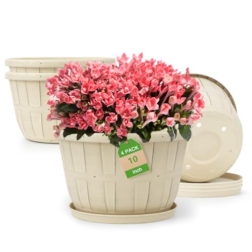 Quarut 4 Pack 10 inch Flower Pots,Plastic Plants Pots Outdoor - color: Beige, size: 10 inch-4 pack