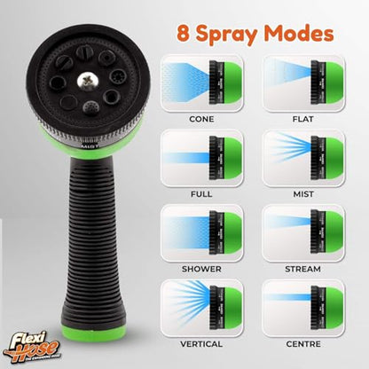 Flexi Hose with 8 Function Nozzle, 50FT - Lightweight Expandable Garden Hose, No-Kink Flexibility, 3/4 Inch Solid Brass Fittings and Double Latex Core - Black and Green - size: 50ft