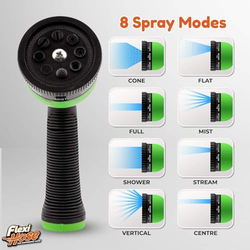 Flexi Hose with 8 Function Nozzle, 150FT - Lightweight Expandable Garden Hose, No-Kink Flexibility, 3/4 Inch Solid Brass Fittings and Double Latex Core - Black and Green - size: 150ft