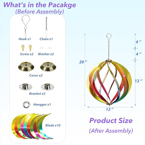 12" Hanging Wind Spinners Outdoor Assembly Required Rainbow 3D Metal Ball - size: 12 Inch