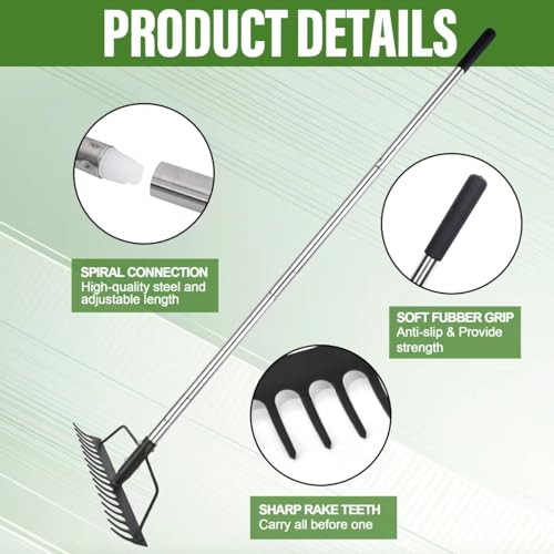 BARAYSTUS 16" Wide Bow Rake, Adjustable Garden Rake for Lawn & Yard