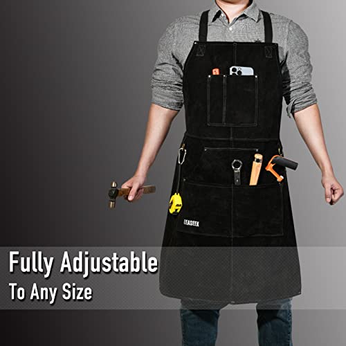 LeaSeek Leather Welding Apron, Heat & Flame-Resistant, 6 Pockets - color: Black - 24"x 36"