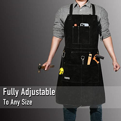 LeaSeek Leather Welding Apron, Heat & Flame-Resistant, 6 Pockets - color: Black - 24"x 36"