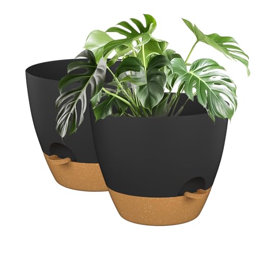 ZMTECH 12Inch 2Pcs Plant Pot Planter for Indoor Plants Self Watering Flower Pots with Drainage Holes and Saucer for Outdoor Plants(Grey with Brown) - color: Black With Brown, size: 12 Inch
