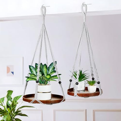 2 Pack Macrame Plant Hanger, Hanging Plant Shelf (12" + 10") - color: Light Grey, size: 2-Pack, 1-Tier
