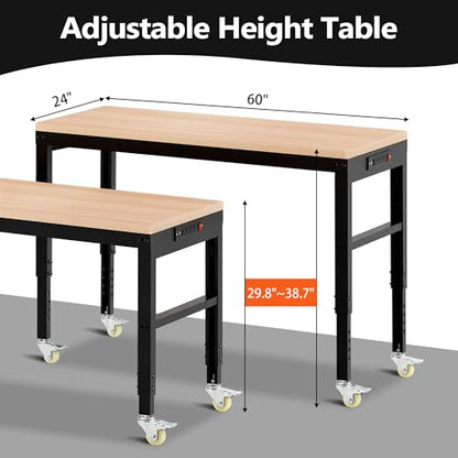 Antifir 60" Adjustable Workbench, Heavy Duty Wood Workstation - size: 60x24" With Wheel