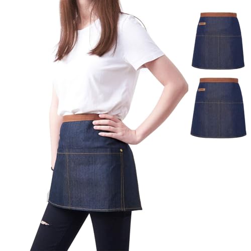 2 Packs Waist Denim Aprons for Restaurant Kitchen Women Waitress Denim Apron - color: Blue