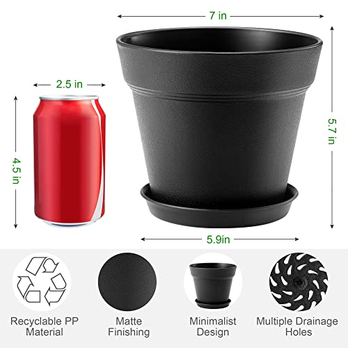 6 Pack 7 inch Plastic Plant Pots with Drainage Holes and Tray, Black - color: Black, size: 6 Pack-7in