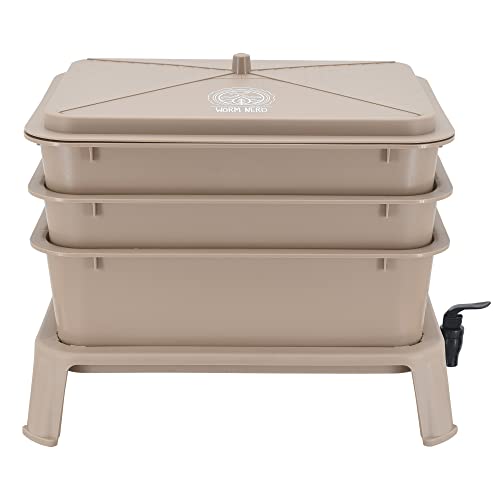 Worm Nerd WN53 4-Tray Worm Composting Bin Kit with Coco Coir for Recycling Food Waste, Worm Castings, Worm Tea, Vermiculture and Vermicomposting, Tan - style: Jaylen Bin - Tan
