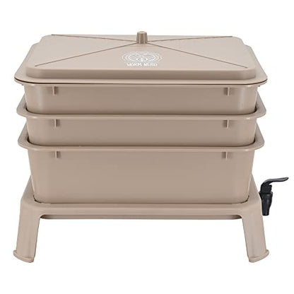 Worm Nerd WN53 4-Tray Worm Composting Bin Kit with Coco Coir for Recycling Food Waste, Worm Castings, Worm Tea, Vermiculture and Vermicomposting, Tan - style: Jaylen Bin - Tan
