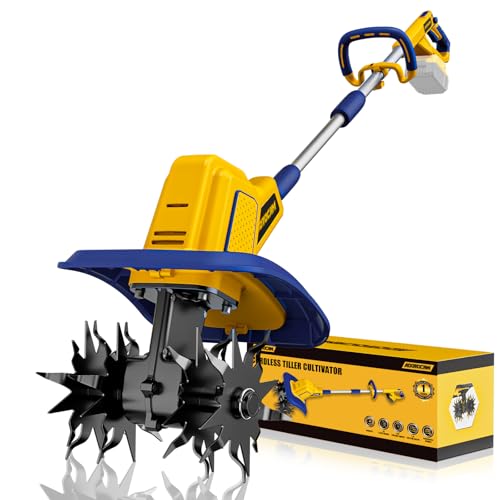Cordless Tiller Cultivator Compatible with Dewalt 20V Battery(Tool Only), 360RPM Battery Powered Garden Cultivator, 9In Tilling Width & 7In Depth Tiller for Gardening - color: Blue and yellow
