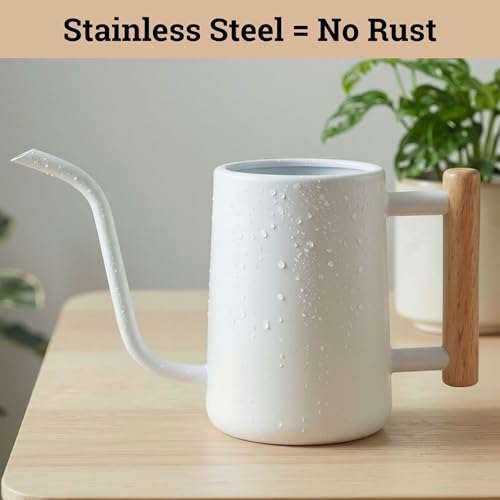 Metal Small Indoor Watering Can with Long Spout & Real Wood Handle, 35oz - color: White